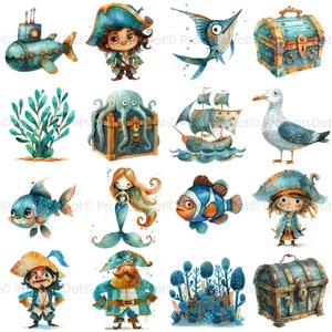 May include: Watercolor illustrations of nautical and pirate-themed elements. The image includes a submarine, pirate characters, fish, a mermaid, a treasure chest, a sailboat, and a seagull, all in shades of blue, teal, and brown.