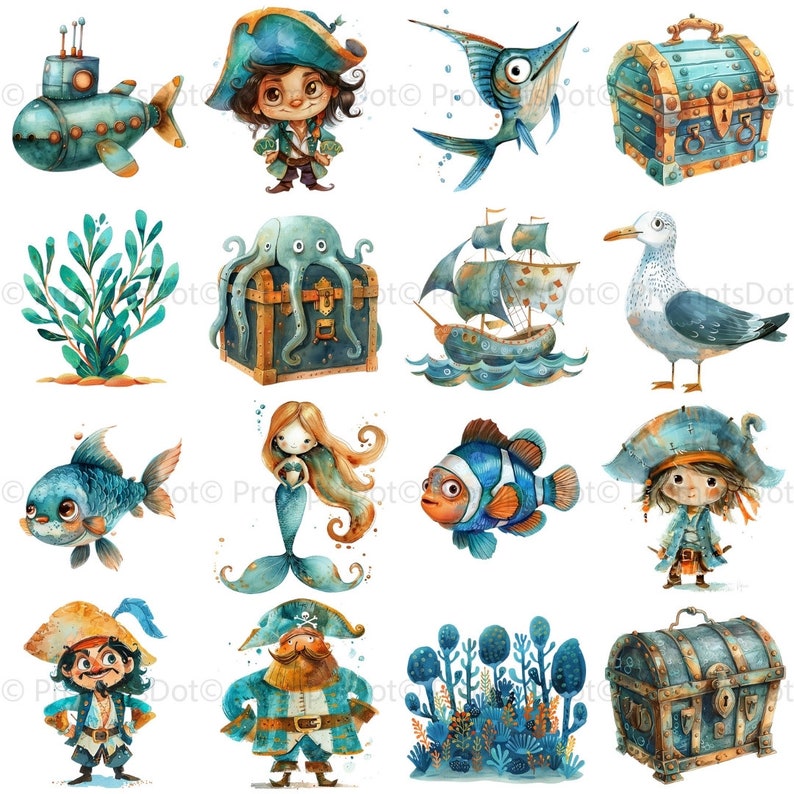 May include: Watercolor illustrations of nautical and pirate-themed elements. The image includes a submarine, pirate characters, fish, a mermaid, a treasure chest, a sailboat, and a seagull, all in shades of blue, teal, and brown.
