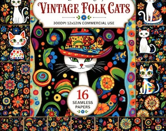 Padrões sem costura de gatos: Papéis digitais coloridos em estilo de arte folclórica (30,5 x 30,5 cm)