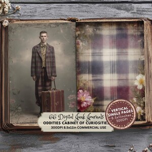 plaid, gingham, man with suitcase, Oddities Junk Journal Kit, Printable Ephemera, Vintage Gothic Scrapbook Supplies, Dark Academia Collage Art, Cabinet of Curiosities Pages