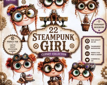 Steampunk Girl Clipart: Vintage Watercolor PNG Quirky Dolls Illustrations (Digital Download)