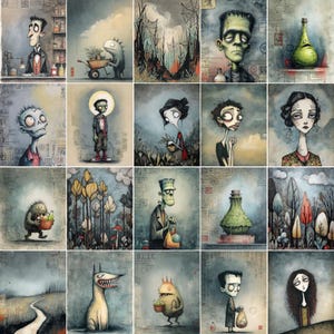 May include: A collection of 16 whimsical, gothic-style illustrations. Each square image features a unique character or scene, including monsters, figures, and landscapes, all rendered in a muted, watercolor palette with a vintage aesthetic.