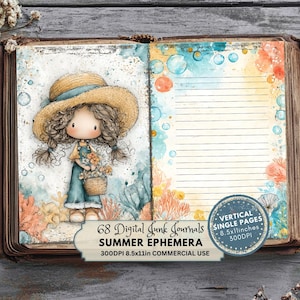 Op de afbeelding: Open journal met een grillige illustratie van een meisje met een strohoed dat een bloemenmand vasthoudt. De pagina's van het tijdschrift hebben een aquarelontwerp met koraal- en blauwe accenten. Tekst: "68 Digital Junk Journals SUMMER EPHEMERA 21,6x27,9cm 300DPI COMMERCIAL USE."