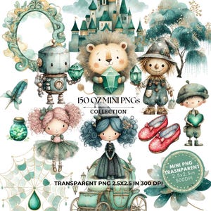 Könnte beinhalten: Eine Sammlung skurriler digitaler Kunstwerke, darunter ein Schloss, ein Löwe, eine Vogelscheuche und Puppen, alle in einem weichen Aquarellstil. Der Text "150 OZ MINI PNGS COLLECTION" und "TRANSPARENT PNG 2.5X2.5 IN 300 DPI" ist enthalten.