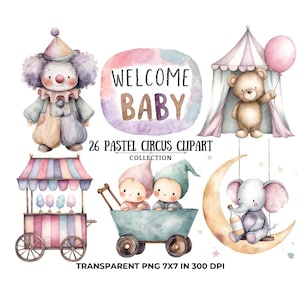 Pastel Circus Tent Clipart, Cute Watercolor Carnival Graphics, Digital Download for Nursery Decor, Party Art, Baby Shower Clipart
