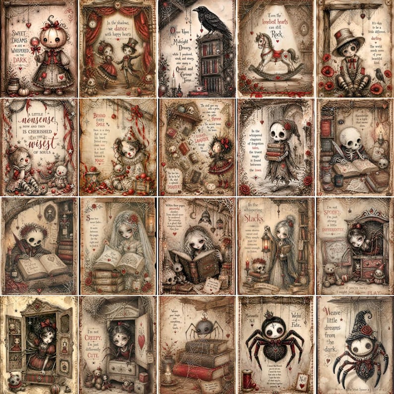 May include: A collection of twenty rectangular art prints featuring gothic-style illustrations of characters, skeletons, and spiders with text overlays. Each individual panel depicts a unique scene with muted tones, vintage paper textures, and dark motifs.