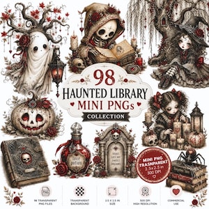 Puede incluir: Una colecci&oacute;n digital de 98 mini PNG de Haunted Library con ilustraciones g&oacute;ticas de fantasmas, esqueletos, calabazas, libros de hechizos, pociones de amor y l&aacute;pidas con el texto 98 Haunted Library Mini PNGs Collection y Here Lies My Sweet Dreams.