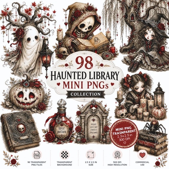 Gothic Halloween PNG Bundle, Haunted Library Clipart Pack, Witch & Ghost Illustrations, Spooky Ephemera Graphics