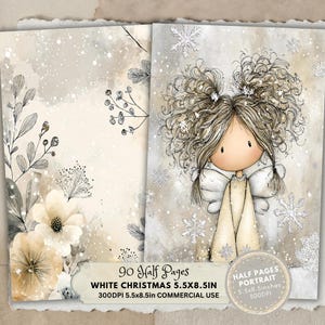 May include: A digital art print featuring a whimsical angel with curly hair and snowflake accents. The artwork includes the text "WHITE CHRISTMAS 5.5X8.5IN" and "90 Half Pages". The image is 5.5 x 8.5 inches.