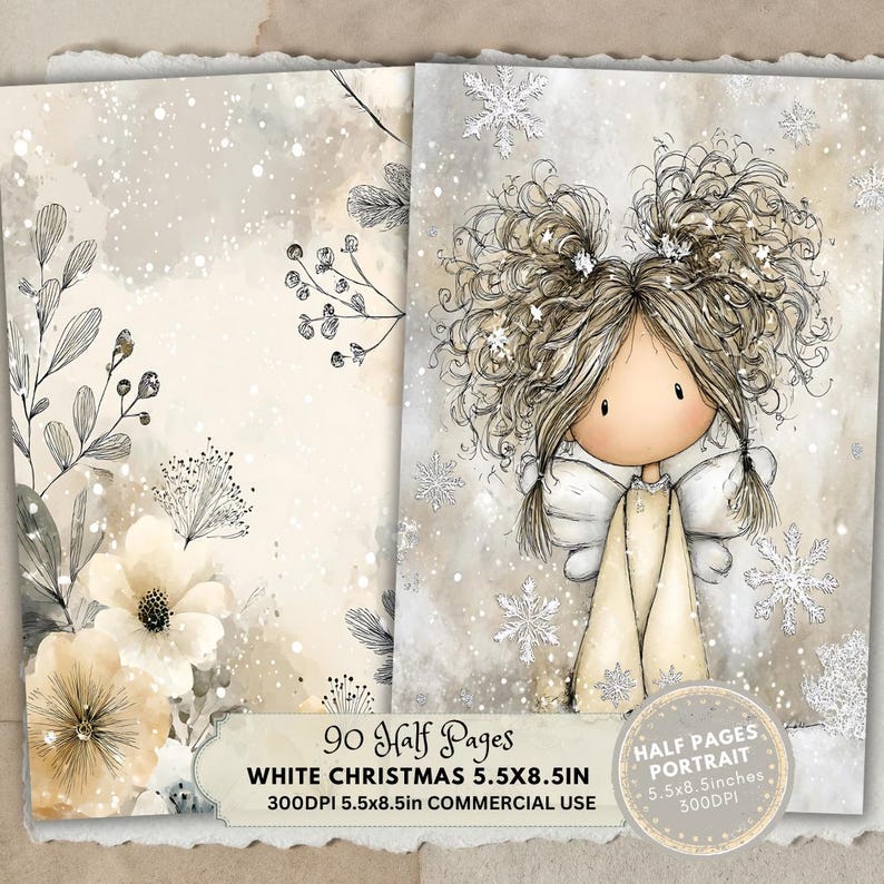 May include: A digital art print featuring a whimsical angel with curly hair and snowflake accents. The artwork includes the text "WHITE CHRISTMAS 5.5X8.5IN" and "90 Half Pages". The image is 5.5 x 8.5 inches.