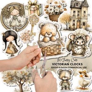 May include: A collection of 80 fussy cut Victorian Clocks stickers. The stickers feature illustrations of dolls, teddy bears, clocks, keys, and floral arrangements in soft, muted colors. The image includes text that reads "80 Fussy Cuts Victorian Clocks".