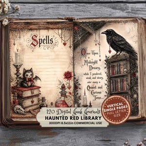 May include: An open book featuring a page titled Spells with a bat-like creature on books, a candle, and a skull. The opposite page displays the text Once Upon a Midnight Dreary, a raven on a bookshelf, and a red circular label stating 120 Digital Junk Journals Haunted Red Library 300DPI 8.5x11in Commercial Use.