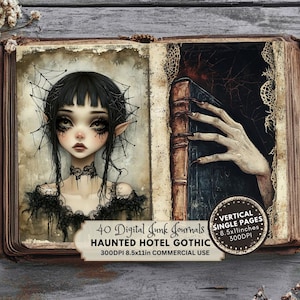 Niedliche Cartoon Gothic Junk Journal Seiten, Haunted Hotel Gothic Ephemera, süße gotische Drucke, digitales Papier, Scrapbook Papier, Dark Fantasy Art