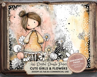 Girls Flowers Junk Journal Ephemera, Scrapbooking (Digital Download)