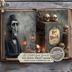 Pode incluir: Um diário digital com tema gótico. A imagem apresenta um vampiro de desenho animado, caveiras, abóboras e o texto "Dot No Drink". O diário inclui páginas individuais verticais, 21,59 cm x 27,94 cm, e é para uso comercial.