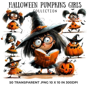 Lindas chicas de Halloween Clipart PNG Descarga digital, Calabaza Halloween, Chica espeluznante, Brujas lindas de Halloween, Calabazas lindas, Chica con calabaza