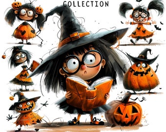 Halloween Girls Clipart, Pumpkin Witches PNG (Digital Download