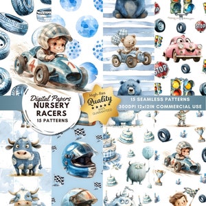 Vintage Race Digital Paper, naadloze blauwe kinderkamerpatronen, met autovlaggen en geruit afdrukbaar plakboekpapier voor commercieel gebruik