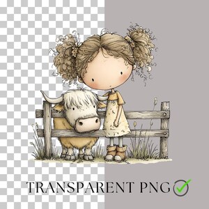May include: A whimsical illustration of a young girl with curly hair and a yellow dress, standing next to a fluffy, light-brown Highland cow. They are positioned near a wooden fence, with grass and plants in the foreground. The words "TRANSPARENT PNG" are at the bottom.