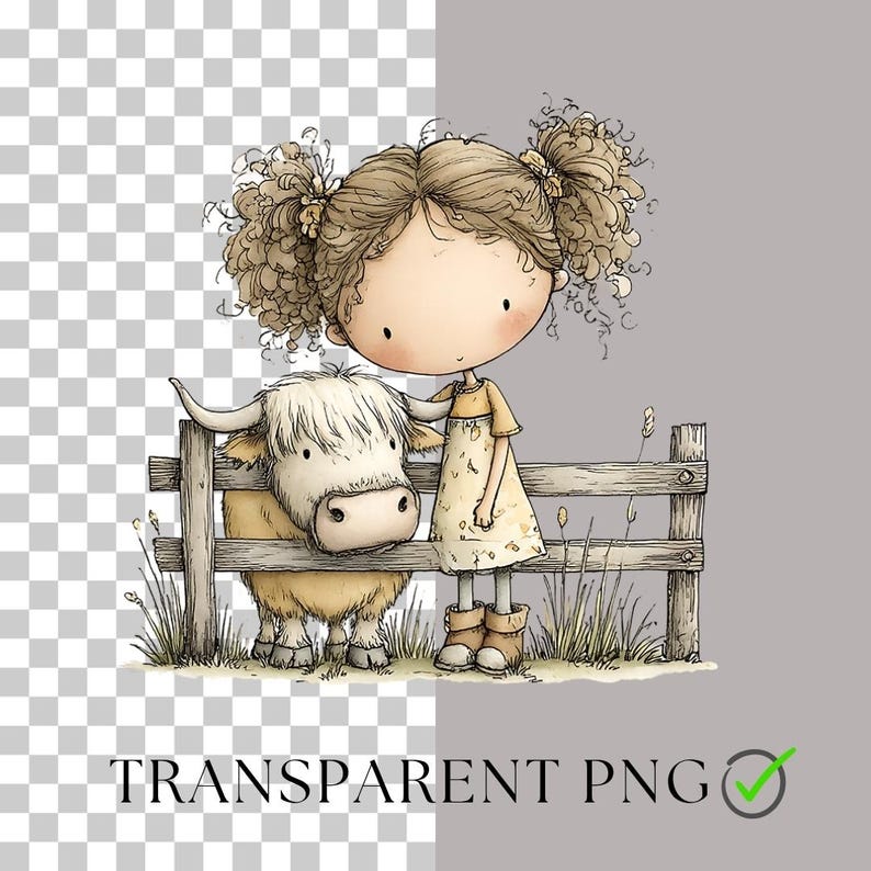 May include: A whimsical illustration of a young girl with curly hair and a yellow dress, standing next to a fluffy, light-brown Highland cow. They are positioned near a wooden fence, with grass and plants in the foreground. The words "TRANSPARENT PNG" are at the bottom.