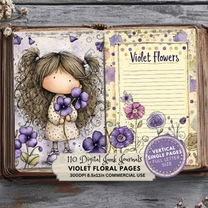 Può includere: Un diario digitale con un'illustrazione di una ragazza che tiene delle viole. Il diario presenta il testo "Violet Flowers" e "Violet Floral Pages". Le pagine sono decorate con fiori viola e il diario misura 21,6 x 27,9 cm.