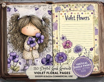 May include: A digital junk journal with a whimsical illustration of a girl holding violets. The journal features the text "Violet Flowers" and "Violet Floral Pages". The pages are decorated with purple flowers and the journal is 8.5x11 inches.