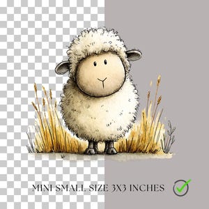 May include: A watercolor illustration of a fluffy white sheep with a cream-colored face, standing in front of tall, golden wheat stalks. The sheep has small black eyes and ears. The text at the bottom reads "MINI SMALL SIZE 3X3 INCHES".