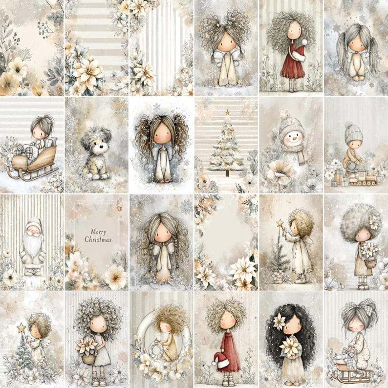 May include: A collage of Christmas-themed illustrations featuring whimsical characters, floral accents, and festive elements. The artwork includes images of children, a snowman, Santa Claus, and a Christmas tree, all in soft, muted tones.