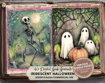 Könnte beinhalten: Ein altes Buch, das aufgeschlagen ist und zwei Halloween-Illustrationen zeigt. Eine Seite zeigt ein Skelett auf einem Friedhof, die andere Geister und einen Kürbis. Der Text lautet "40 Digital Junk Journals Iridescent Halloween".