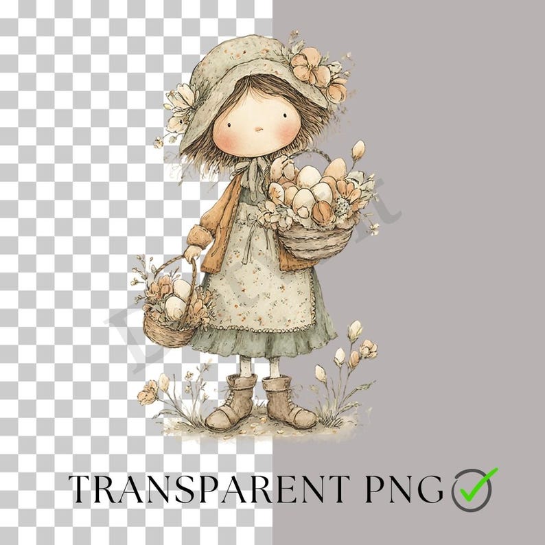 May include: Watercolor illustration of a girl in a bonnet and apron, carrying two baskets filled with eggs and flowers. The image has a soft, pastel color palette with a transparent PNG background. The text "TRANSPARENT PNG" is at the bottom.