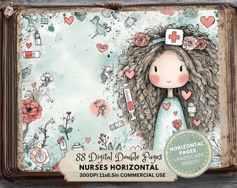 Puede incluir: Una impresión de arte digital ilustrada que presenta a una enfermera con cabello rizado, una corona floral y una cruz médica. El fondo es azul claro con corazones, flores e ilustraciones médicas. El texto dice "88 Digital Double Pages Nurses Horizontal 27.9x21.6cm Commercial Use."