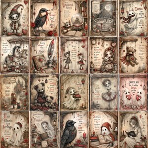 May include: A collection of twenty rectangular art prints featuring whimsical, gothic-inspired illustrations of characters like ghosts, bears, and birds, each accompanied by handwritten-style text and decorative elements in a muted, vintage color palette.