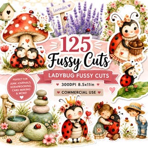 Op de afbeelding: Een digitaal collageblad getiteld 125 Fussy Cuts Ladybug Fussy Cuts met illustraties van lieveheersbeestjes, een grote rode paddenstoel, lavendelvelden, een vogelhuisje, een stenen fontein en kinderen. Tekst: 300DPI 8.5x11in en Commercial Use.
