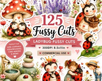 Ladybug Fussy Cuts Bundle, Garden Ephemera Pack, Printable Nature Elements, Beetle Cutouts, Journal Embellishments