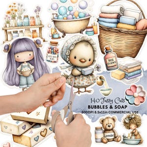 Könnte beinhalten: Eine Sammlung von Aquarell-Aufklebern mit Bad-Motiven. Enthält eine Badewanne, Seife, Handtücher, ein Küken, eine Puppe und einen Teddybären. Der Text lautet "140 Fussy Cuts BUBBLES & SOAP 300DPI 21.6x28cm COMMERCIAL USE".