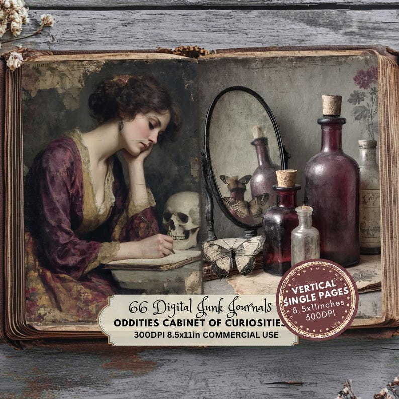 woman writing with potions, Oddities Junk Journal Kit, Printable Ephemera, Vintage Gothic Scrapbook Supplies, Dark Academia Collage Art, Cabinet of Curiosities Pages