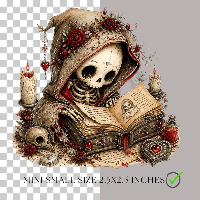 Puede incluir: Un esqueleto con una capa con capucha adornada con rosas rojas lee un libro abierto con una peque&ntilde;a ilustraci&oacute;n. La escena incluye dos velas encendidas, un cr&aacute;neo de ave, una caja en forma de coraz&oacute;n y un frasco. Texto: MINI SMALL SIZE 2.5X2.5 INCHES.