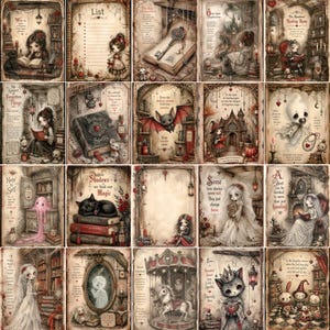 May include: A collection of twenty rectangular art prints featuring gothic-style illustrations of characters, creatures, and magical objects. Each print includes aged paper textures, intricate borders, and handwritten-style text in a muted color palette.