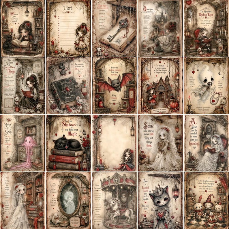 May include: A collection of twenty rectangular art prints featuring gothic-style illustrations of characters, creatures, and magical objects. Each print includes aged paper textures, intricate borders, and handwritten-style text in a muted color palette.