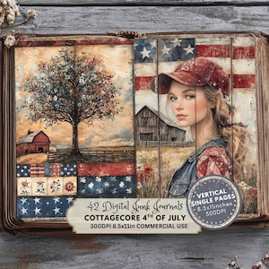 Kit de journal indésirable du 4 juillet, documents éphémères patriotiques imprimables Cottagecore rustique, téléchargement numérique vintage, pages de scrapbooking, style bois rustique