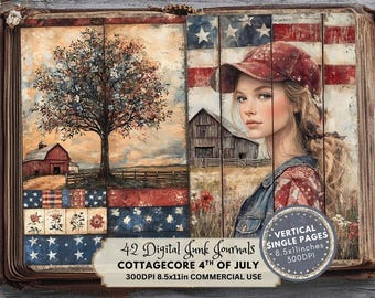 May include: A digital junk journal with a patriotic theme. The journal features illustrations of a woman in a baseball cap, a barn, and an American flag. The journal is 8.5 x 11 inches and includes 42 single pages. The text reads "Cottagecore 4th of July."