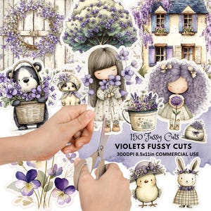 Könnte beinhalten: Eine Sammlung von Aufklebern mit dem Thema Veilchen, mit Illustrationen von einem Bären, einem Hund, einem Mädchen und einem Haus. Der Text "150 Fussy Cuts VIOLETS FUSSY CUTS 300DPI 8.5x11in COMMERCIAL USE" ist sichtbar. Schere im Einsatz.