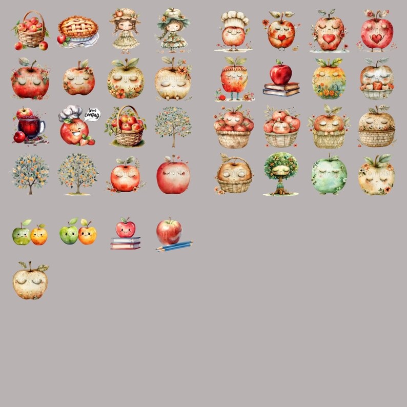May include: A collection of watercolor illustrations featuring apples in various poses and settings. Some apples are wearing hats, others are holding books, and some are even in baskets. The illustrations are perfect for adding a touch of whimsy to any project.