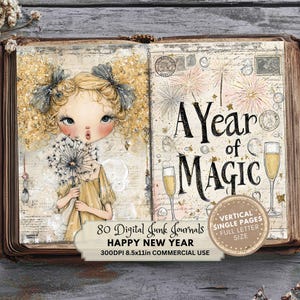 以下が含まれることがあります： 「A Year of Magic」のテキストが入った、タンポポを吹く女の子のイラストが描かれたデジタルジャンクジャーナル。シャンパングラスと花火、テキスト「Happy New Year」と「80 Digital Junk Journals」が含まれています。
