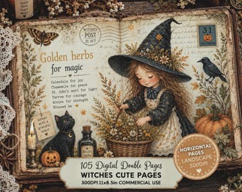 Witches Horizontal Junk Journal Pages, Halloween Ephemera, Spooky Phrase Cards, Landscape Printables Digital Download