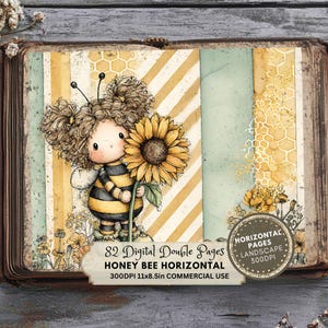 May include: Digital double-page spread with a charming illustration of a bee-themed character holding a sunflower. The character is dressed in black and yellow stripes. The background has a striped pattern with yellow and white stripes. The image includes the text "82 Digital Double Pages Honey Bee Horizontal 11x8.5in Commercial Use".