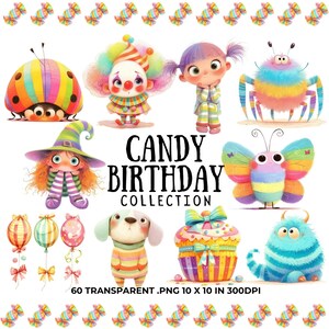Doces aniversário aquarela clipart PNG download digital, aniversariante, palhaço de aniversário, para convites de aniversário, pacote de festa de aniversário, PNG