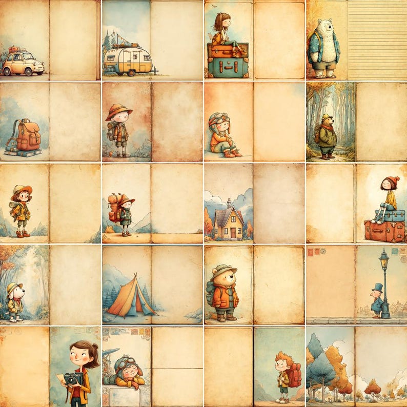 Peut inclure: Un collage de 16 images illustr&eacute;es sur le th&egrave;me du voyage, avec notamment un camping-car, une tente, un chalet, un ours et des personnes avec des sacs &agrave; dos. Les images sont sur fond de papier style vintage.