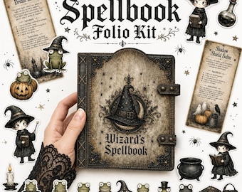 Wizard Spellbook Halloween Folio Kit, Potion Ephemera, Printable Fussy Cuts, Tags & Cards (Digital Download)