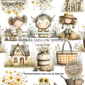 May include: A collection of watercolor illustrations featuring Highland cows, children, and pastoral elements. The images include a house, a picnic basket, and floral arrangements. Text on the image reads "70 HIGHLAND COW MINI PNGS COLLECTION" and "TRANSPARENT PNG 3X3 IN 300 DPI".